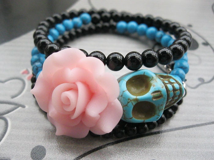 Day of the Dead Bracelet--3D blue rammel skull and blue resin flower bracelet