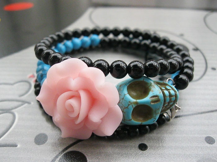 Day of the Dead Bracelet--3D blue rammel skull and blue resin flower bracelet