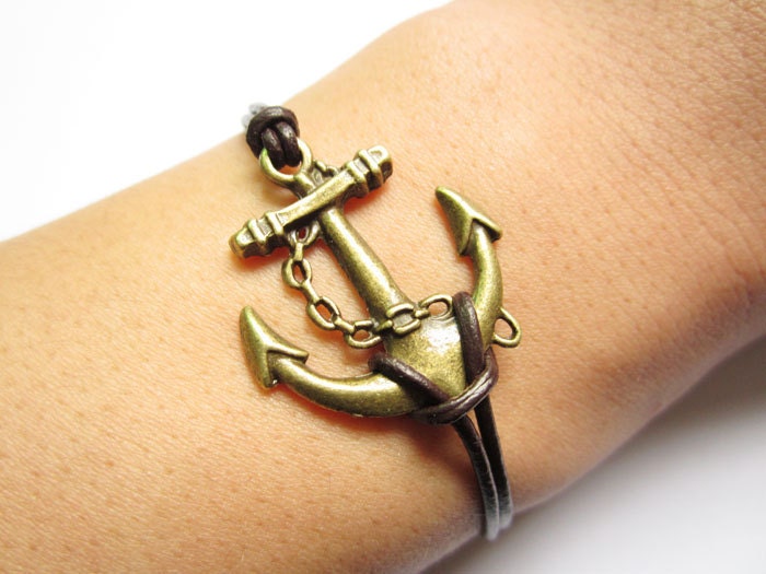 Bracelet---antique bronze anchor&brown leather chain