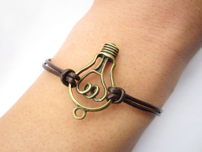 bracelet---antique bronze unique electric bulb pendant & brown leather chain