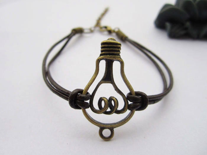 bracelet---antique bronze unique electric bulb pendant & brown leather chain