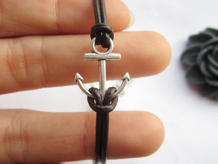 Anchor Bracelet---antique silver little anchor bracelet &brown leather chain