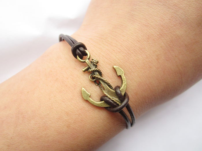 Anchor Bracelet---antique bronze unique little anchor&brown leather chain