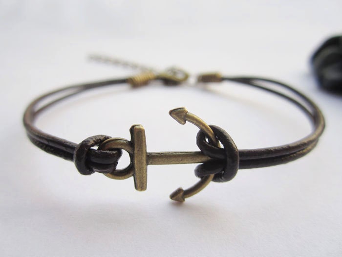 Bracelet---antique bronze little anchor&brown leather chain
