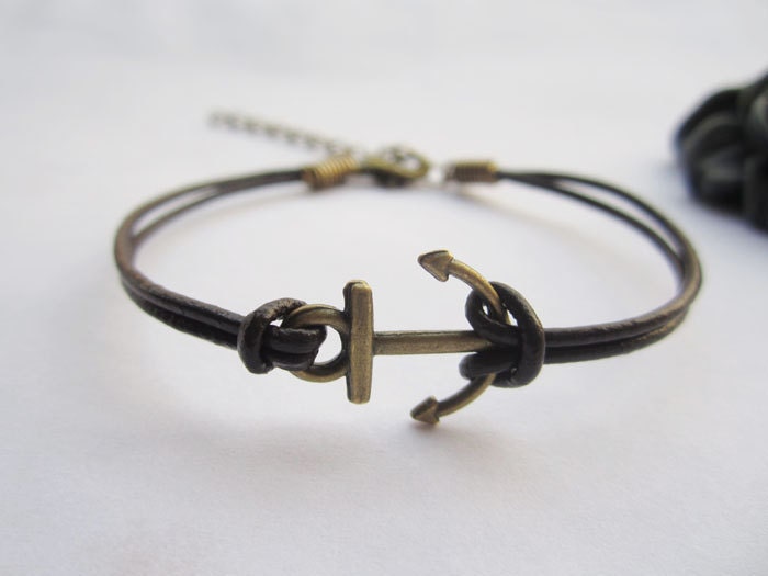 Bracelet---antique bronze little anchor&brown leather chain