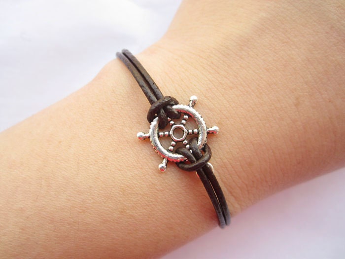 Bracelet---antique silver 3D little rudder&brown leather chain