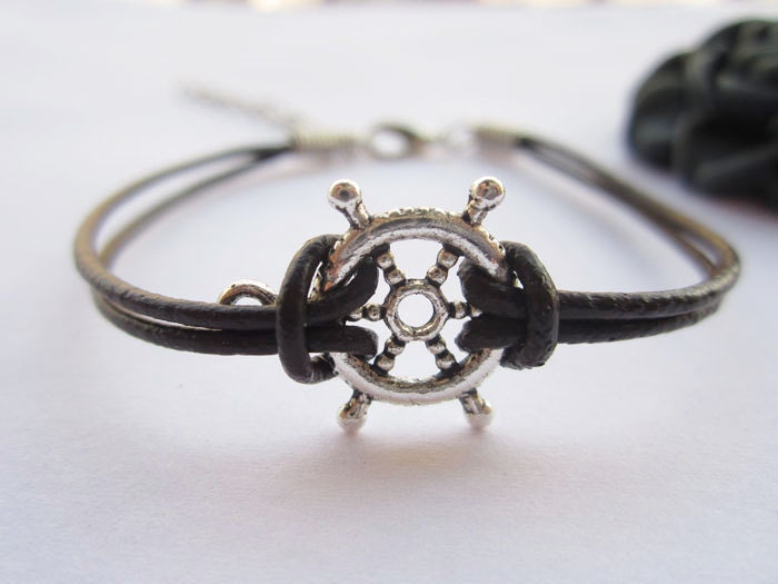 Bracelet---antique silver 3D little rudder&brown leather chain