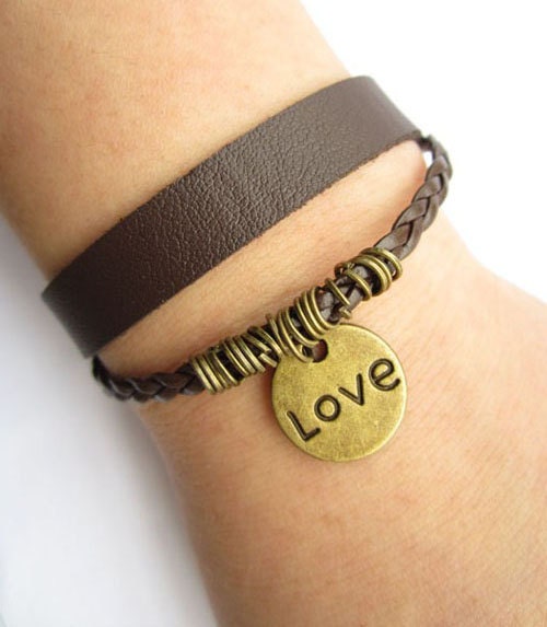 LOVE with HEART bracelet---double-deck bracelet&brown leather braid chain