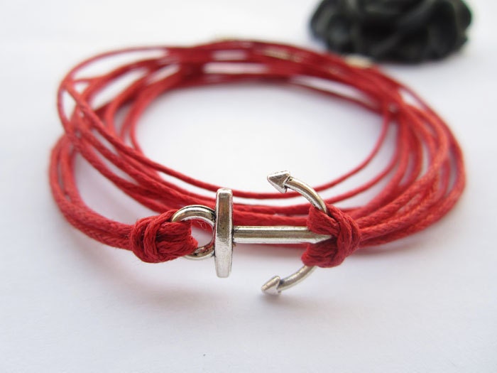 three circles Bracelet---antique silver little anchor&red wax rope chain