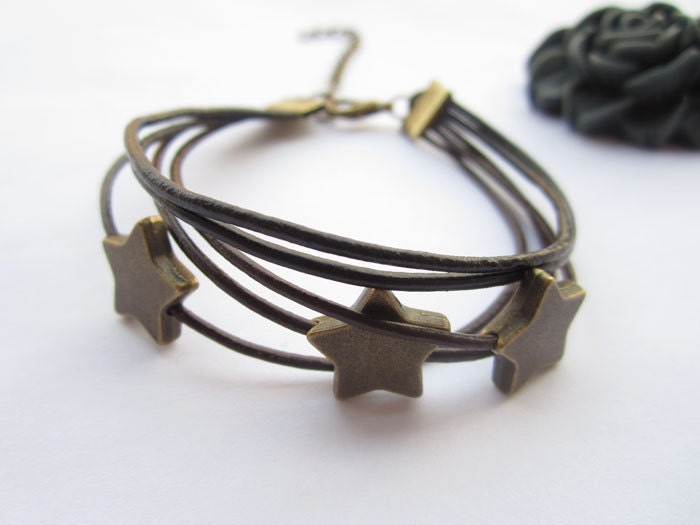 Multilayer leather bracelet---antique bronze personality stars bracelet & brown leather chain