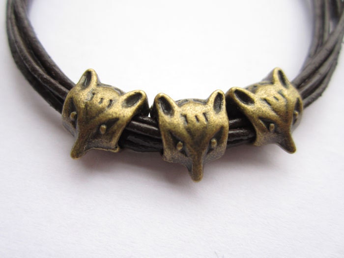 Multilayer leather bracelet---antique bronze personality three double sides little foxes bracelet & brown leather chain