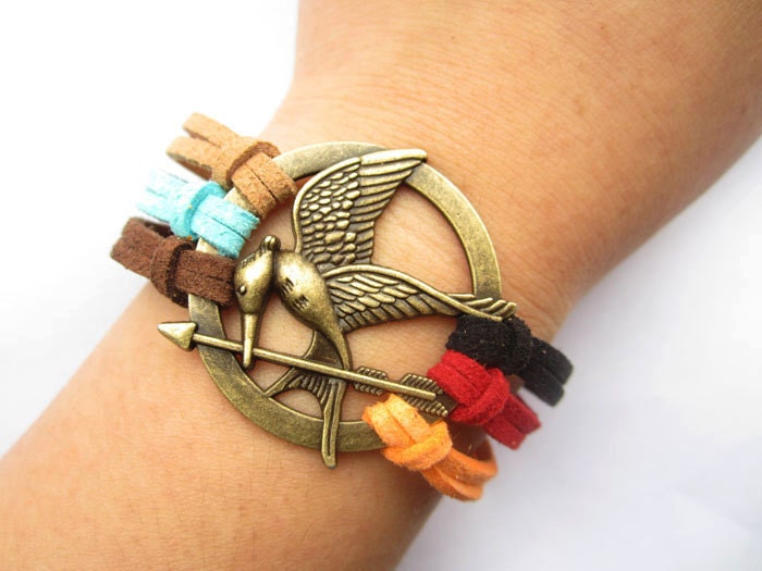 Mockingjay inspired Bracelet---antique bronze The hunger game style pendant & colorful rope chain