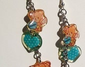 Blue kawaii angel teddy bears dangle earrings on chain - upcycled