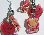 Red kawaii angel teddy bears and candy dangle earrings on chain - upcycled