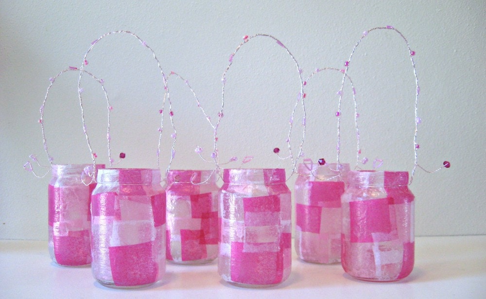 Mini Mason Jar Light Set Of 6 Lantern Vase Pink Wedding Hanging Lantern Upcycled Girly