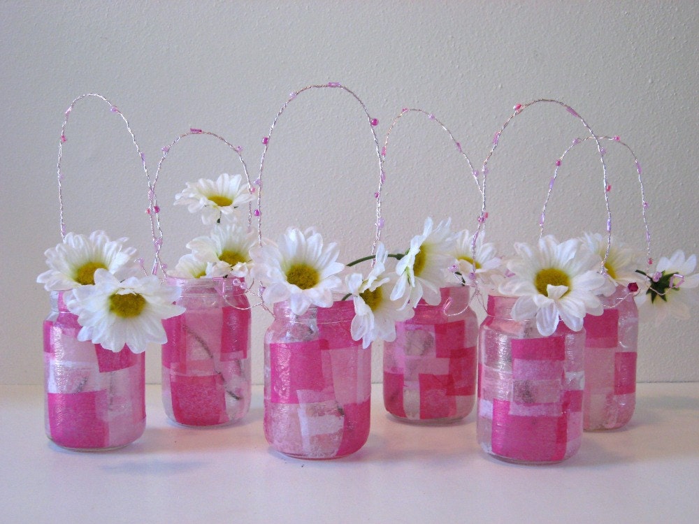 Mini Mason Jar Light Set Of 6 Lantern Vase Pink Wedding Hanging Lantern Upcycled Girly