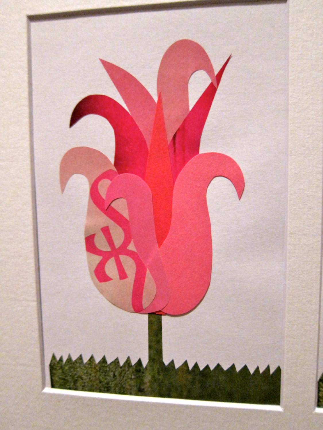 Magazine Paper Flower Collage Tulip Trio, Framed Pink, Orange, Yellow