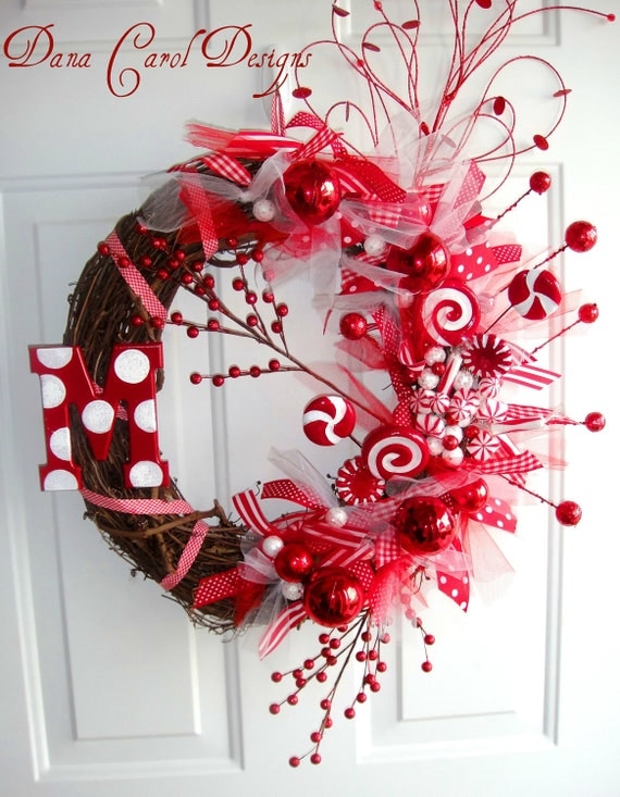 Peppermint Sticks & Lollipops Wreath with initial in small or large