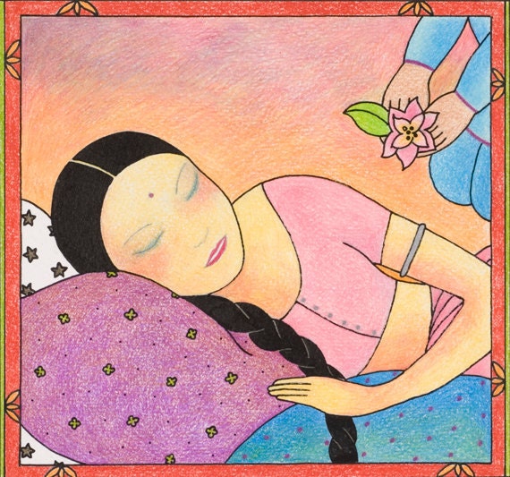Romantic - Colored Pencil Drawing - Girl in sari sleeping -Archival digital print