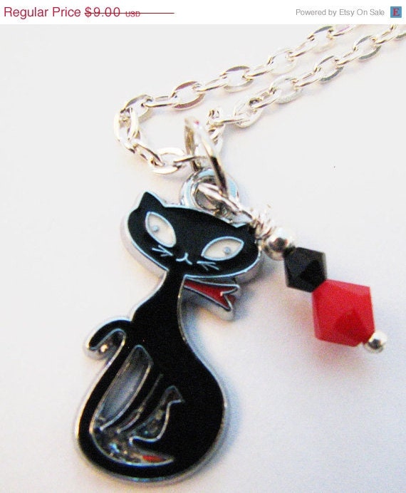 Black Siamese Cat Necklace ,Pandora style, Red  Swarovski Crystals, evil cat, Gift wrapped, Anti Valentine Jewelry, Teen or Tween gift - Sew4Munchkins