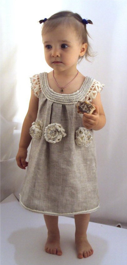 crocheted /sew organic linen baby/ toddler/girl flower dress/tunic with lacy edge "White peonies"