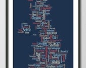 Great Britain UK City Typographic Text Map, Art Print 18x24 inch (818)
