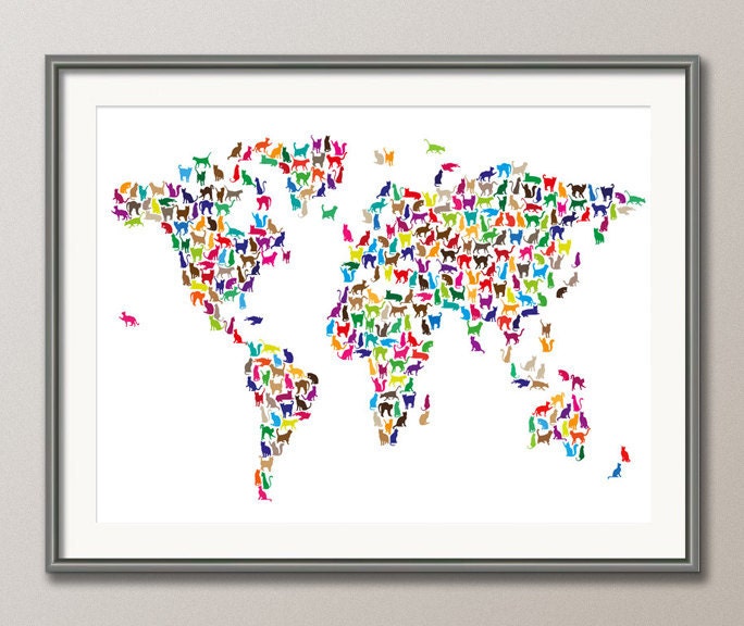 Cats Map of the World Map, Art Print, 18x24 inch (181)