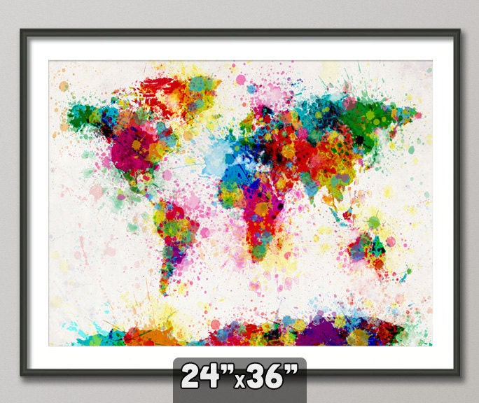 Paint Splashes Map of the World Map, Art Print 24x36 inch (168)