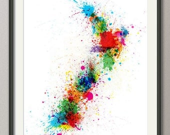New Zealand Paint Splashes Map, Art Print 18x24 inch (769)