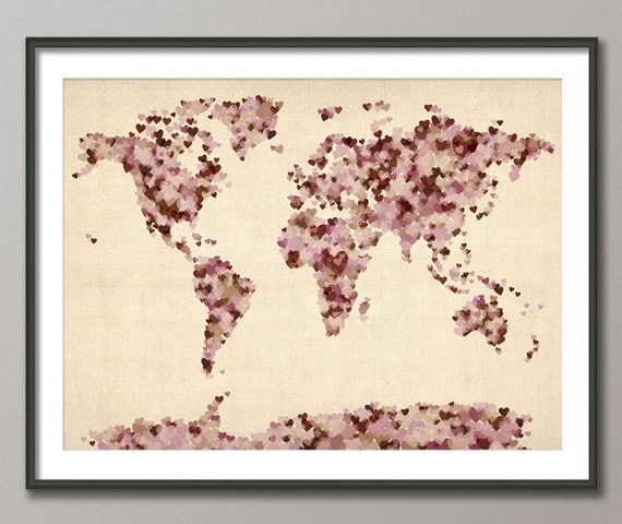 Love Hearts Map of the World Map, Art Print 18x24 inch (899)