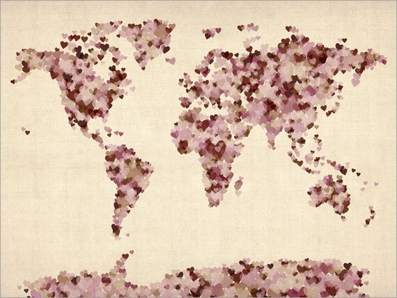 Love Hearts Map of the World Map, Art Print 18x24 inch (899)