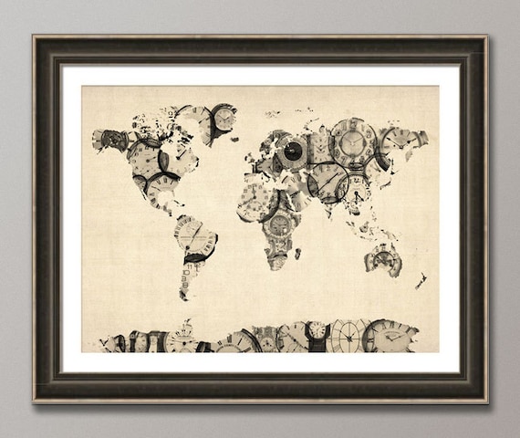 Map of the World Map from Old Clocks, Art Print, 18x24 inch (902)