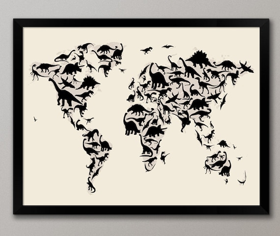 Dinosaur Map of the World Map, Art Print, 18x24 inch (79)