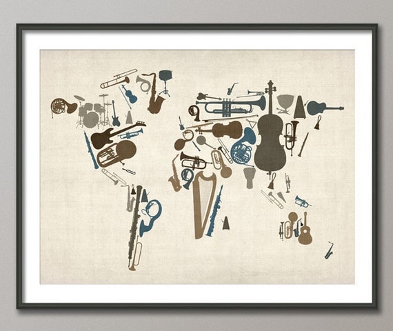Music Instruments Map of the World Map, Art Print, 18x24 inch (459)