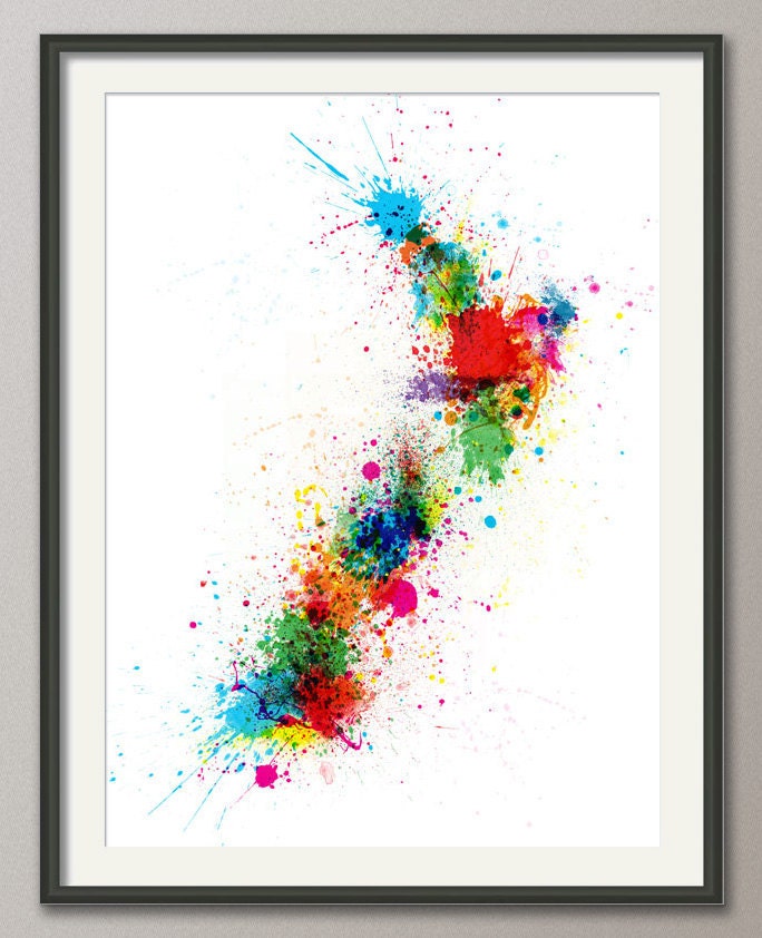 New Zealand Paint Splashes Map, Art Print 18x24 inch (769)