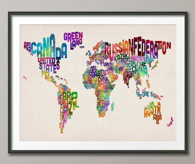 Typographic Text Map of the World Map, Art Print 18x24 inch (889)
