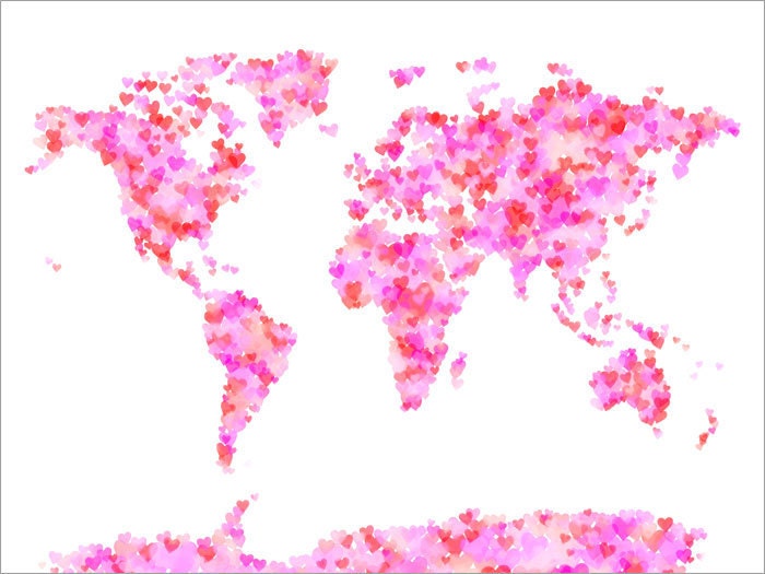 Love Hearts Map of the World Map, Art Print 18x24 inch (897)