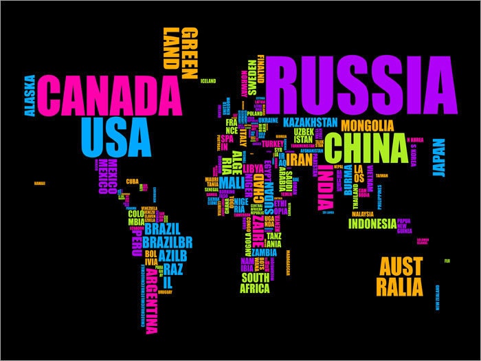 Typographic Text Map of the World Map, Art Print 18x24 inch (672)