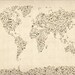 Music Notes Map of the World Map, Art Print, 18x24 inch (82)