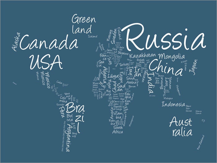 Writing Text Map of the World, Art Print 18x24 inch (377)