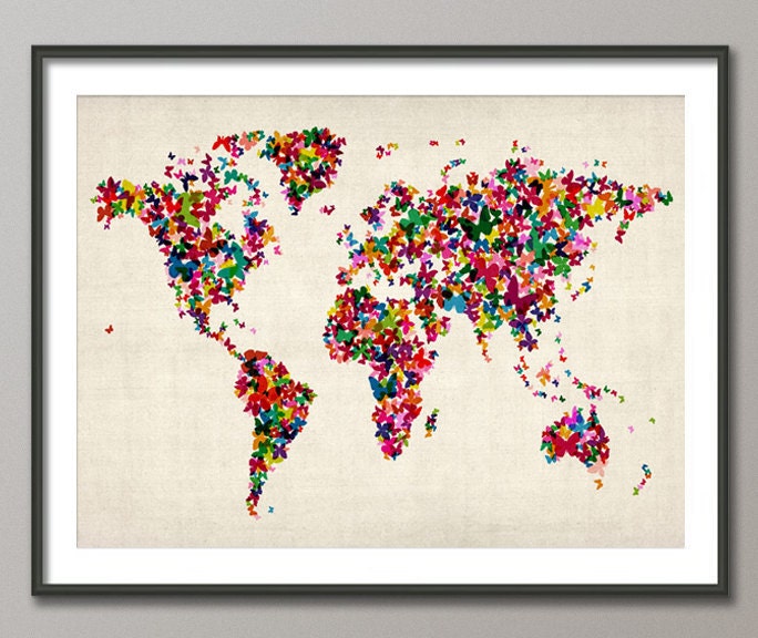 Butterflies Map of the World Map, Art Print, 18x24 inch (453)