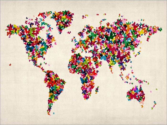 Butterflies Map of the World Map, Art Print, 18x24 inch (453)