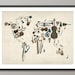 Music Instruments Map of the World Map, Art Print, 18x24 inch (459)