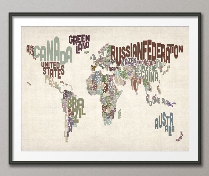 Typographic Text Map of the World Map, Art Print 18x24 inch (782)