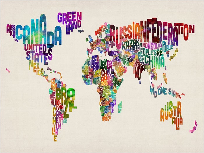 Typographic Text Map of the World Map, Art Print 18x24 inch (889)