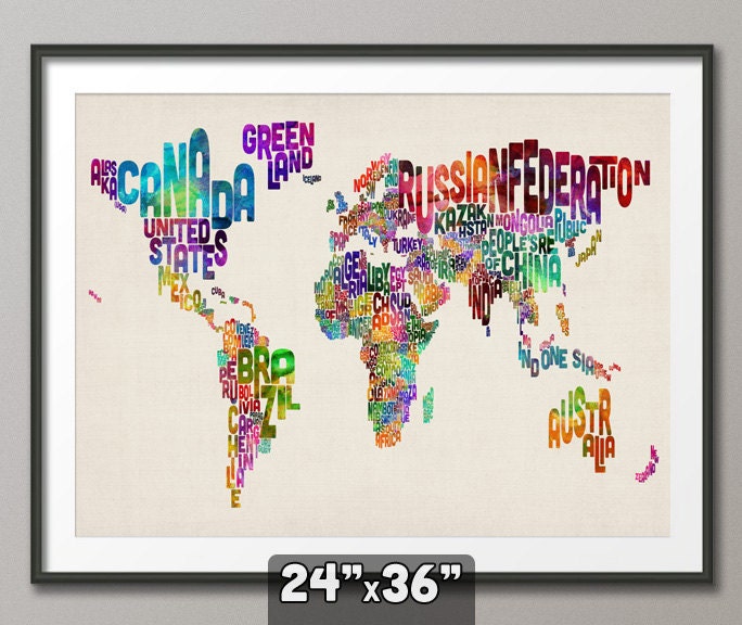 Typographic Text Map of the World Map, Art Print 24x36 inch (889)