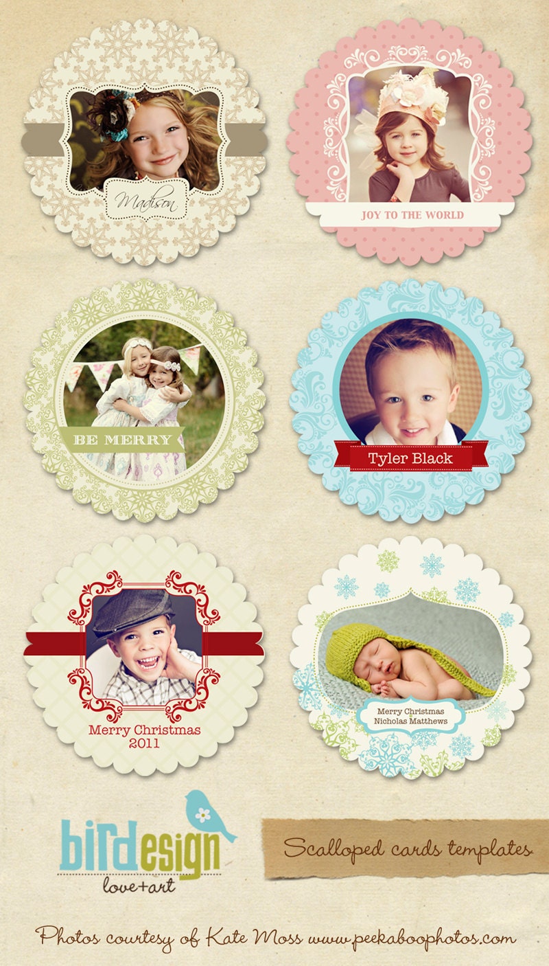 INSTANT DOWNLOAD - 6 Photoshop Scalloped Cards- Holiday Collection Tree Ornaments- E119