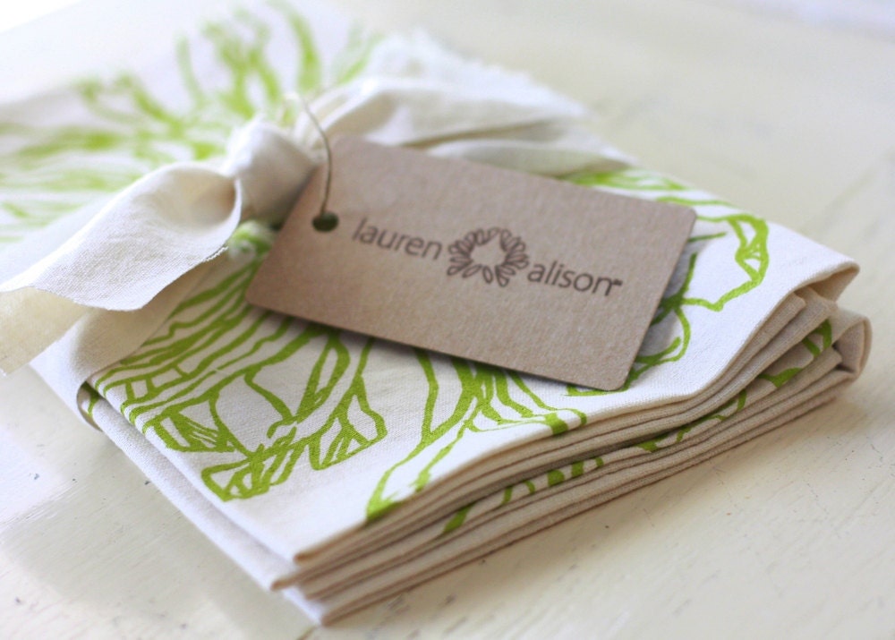 Dish Towel Tea Kitchen Daisy Flower Green Chartreuse Cloth Linen Screen Print Hand-Printed Gift Single Towel