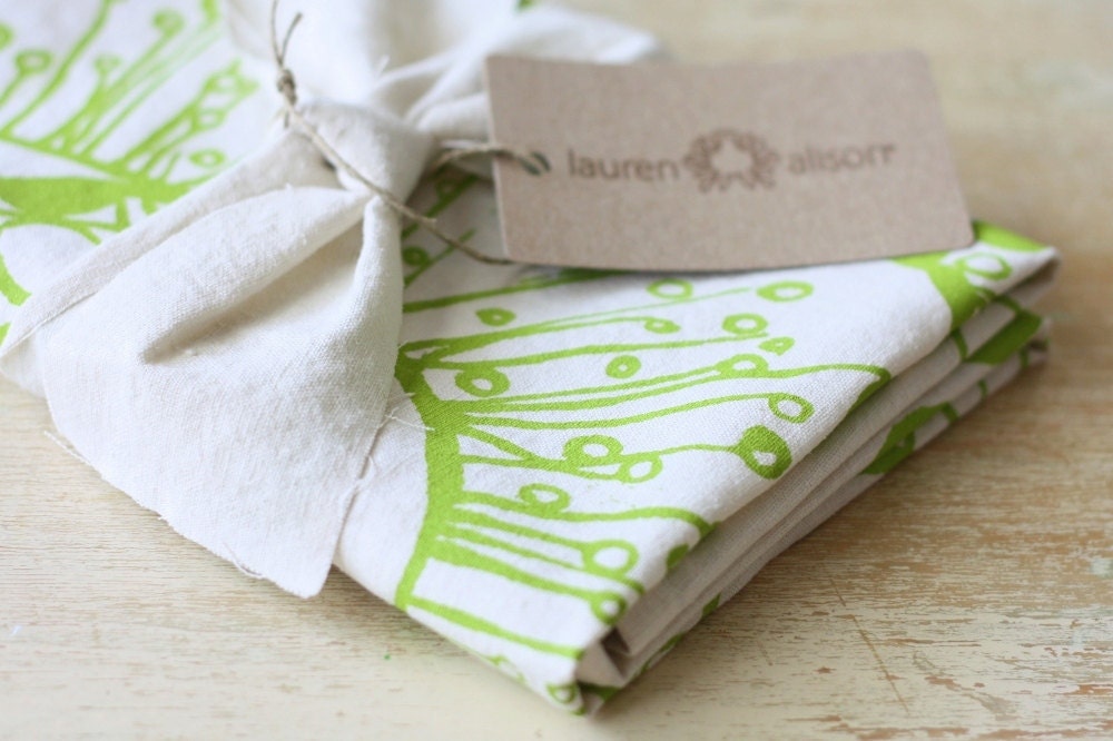Dish Towel Tea Kitchen Polka Dot Flower Green Chartreuse Cloth Linen Screen Print Hand-Printed Hostess Gift Single Towel