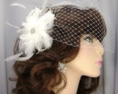 White Feather Fascinator with Rhinestone Cluster Center   Hair Bridal Accessory  Wedding